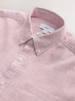 Pink Standard Collar Cotton Linen Blend Long Sleeve Shirt