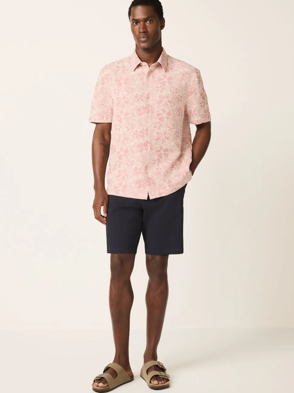Pink Textured Floral Print Short Sleeve Shirt