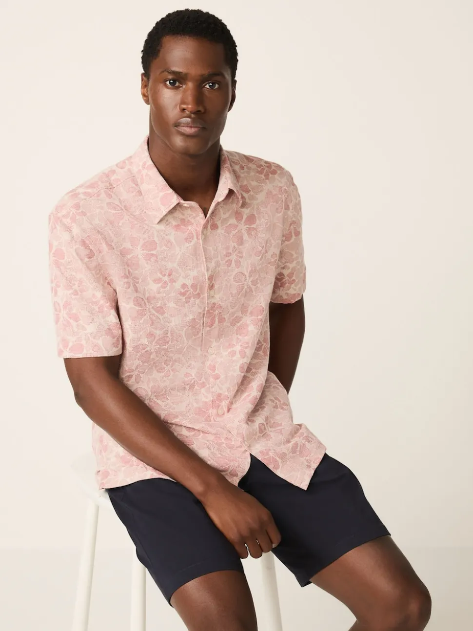 Pink Textured Floral Print Short Sleeve Shirt