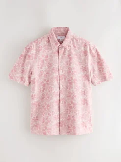 Pink Textured Floral Print Short Sleeve Shirt