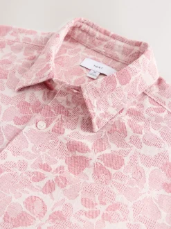 Pink Textured Floral Print Short Sleeve Shirt