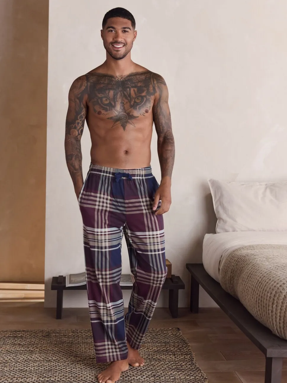 Plum Purple/ Neutral Check Jersey Pyjama Bottoms 2 Pack