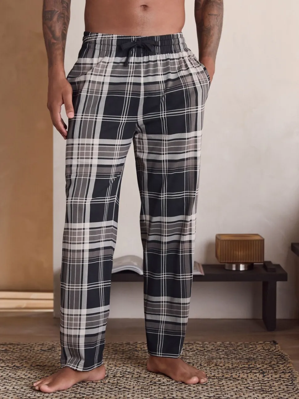 Plum Purple/ Neutral Check Jersey Pyjama Bottoms 2 Pack