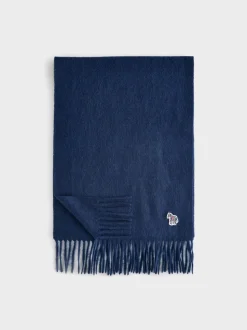 PS Paul Smith Navy Wool Zebra Print Logo Stripe Scarf