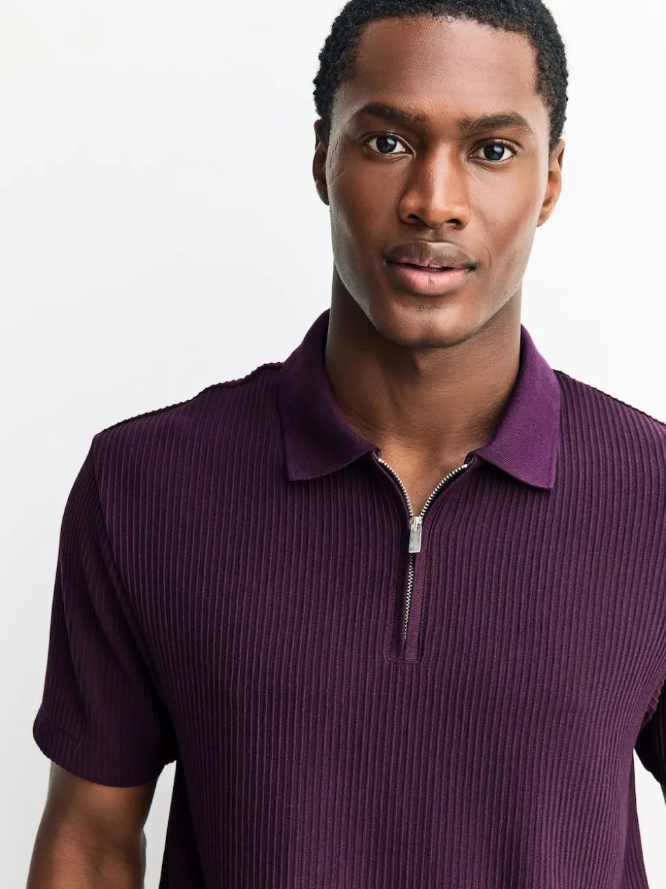 Purple Textured Smart Zip Neck Polo Shirt
