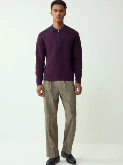 Purple/Navy Blue Zip Neck N.Premium Regular Fit Premium Mid Weight Long Sleeve Knit Polo Shirt