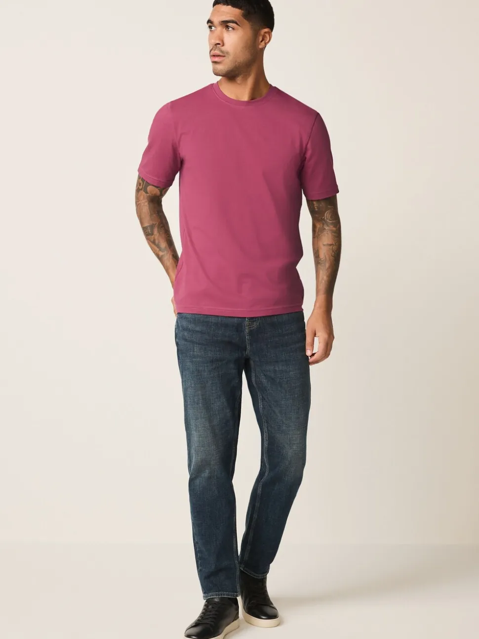 Raspberry Pink Regular Fit Essential Crew Neck Cotton T-Shirt