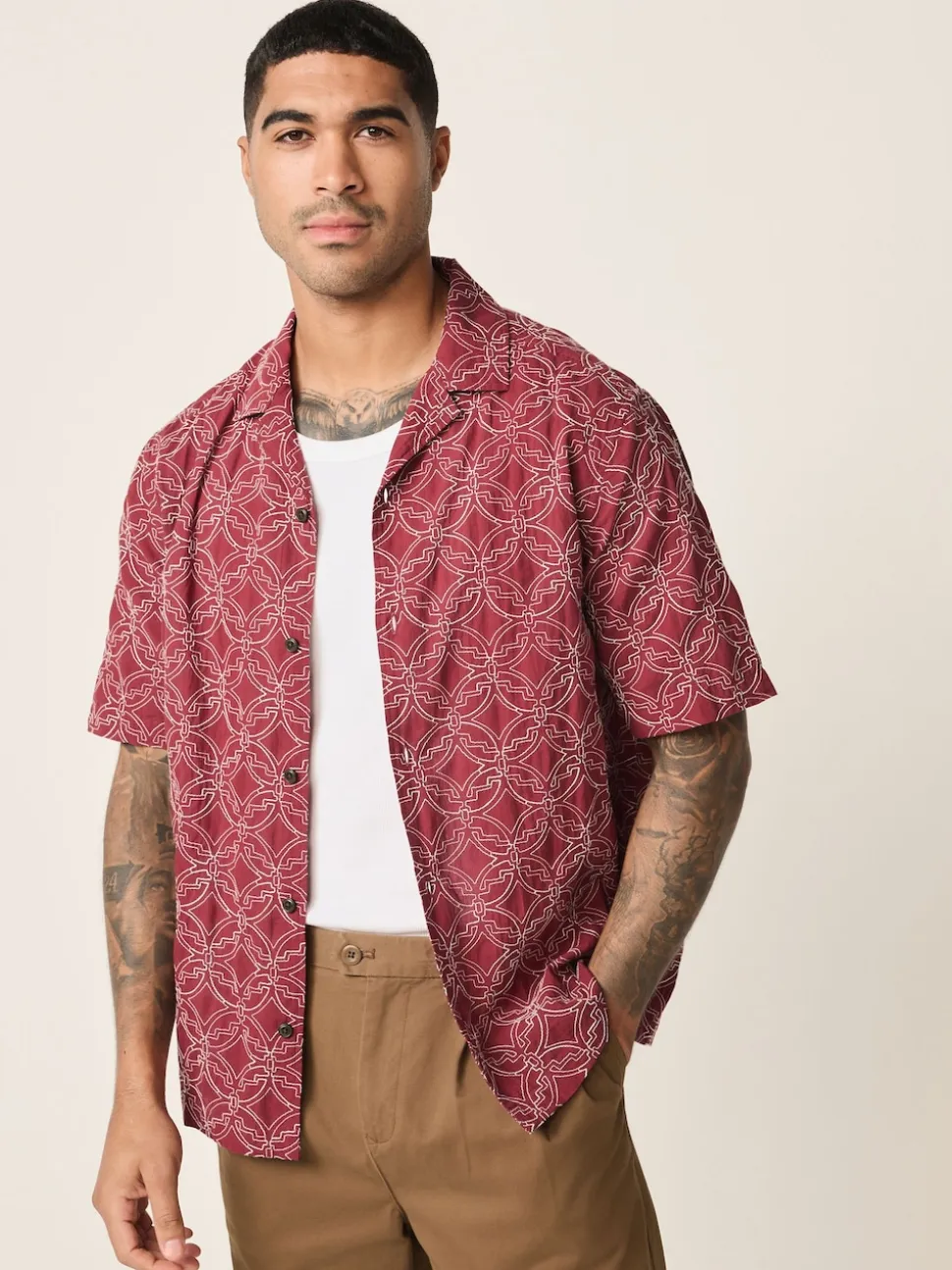 Red Textured Embroidered Tile Short Sleeve Shirt