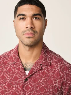 Red Textured Embroidered Tile Short Sleeve Shirt