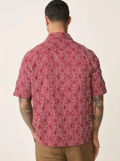 Red Textured Embroidered Tile Short Sleeve Shirt