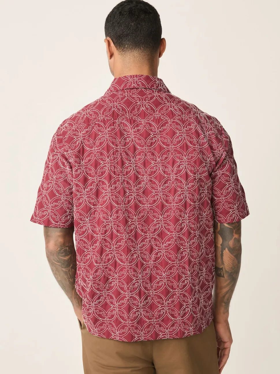 Red Textured Embroidered Tile Short Sleeve Shirt