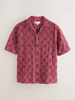Red Textured Embroidered Tile Short Sleeve Shirt