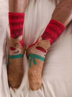 Red/Green Santa and Reindeer Christmas Pattern Cosy Socks 2 Pack