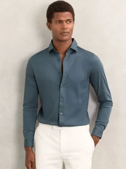 Reiss Airforce Blue Duke Air-Water Cotton Slim-Fit Shirt