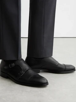Reiss Black Amalfi Leather Double Monk Strap Shoes