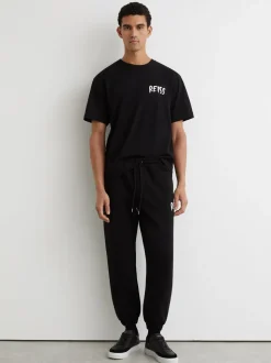 Reiss Black Edison Cotton Logo-Print Cuffed Joggers