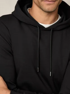 Reiss Black Fabien Premium Interlock-Jersey Hoodie