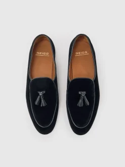 Reiss Black Harry Velvet Tassel-Detail Loafers