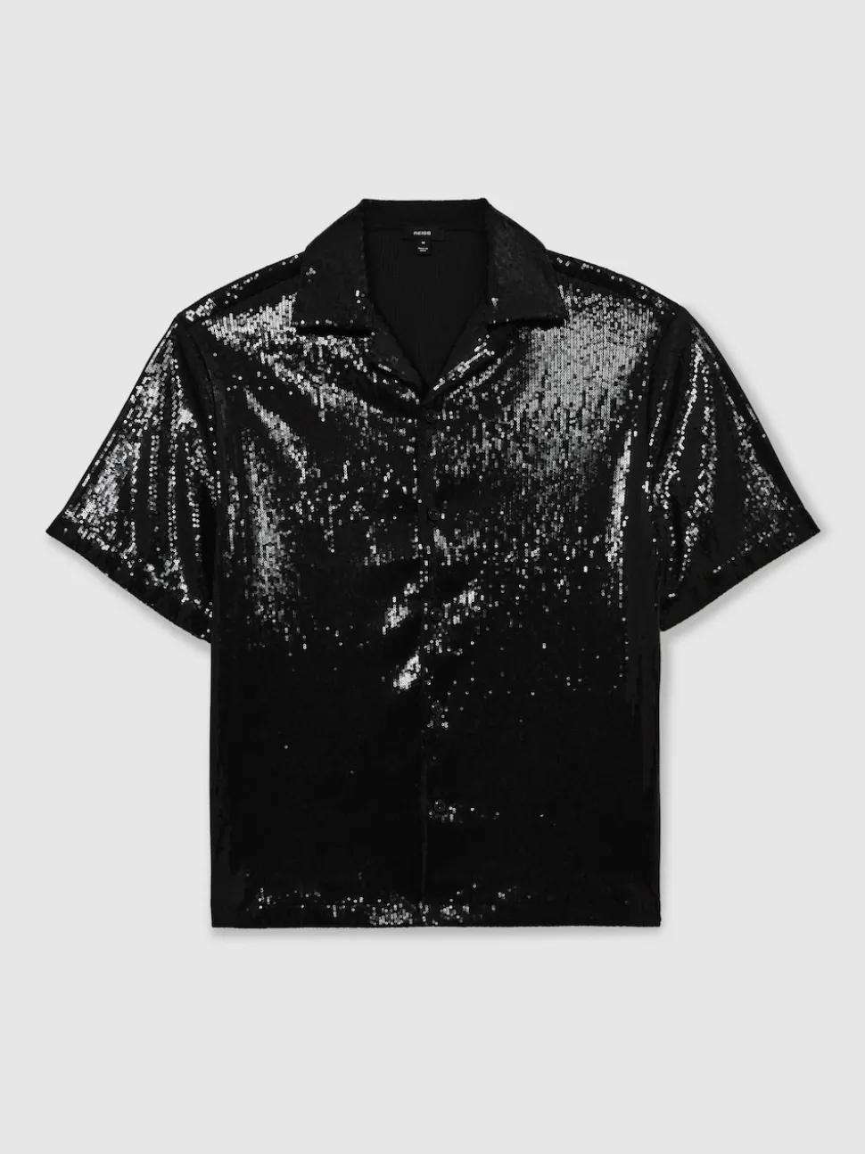 Reiss Black King Sequin Cuban-Collar Shirt
