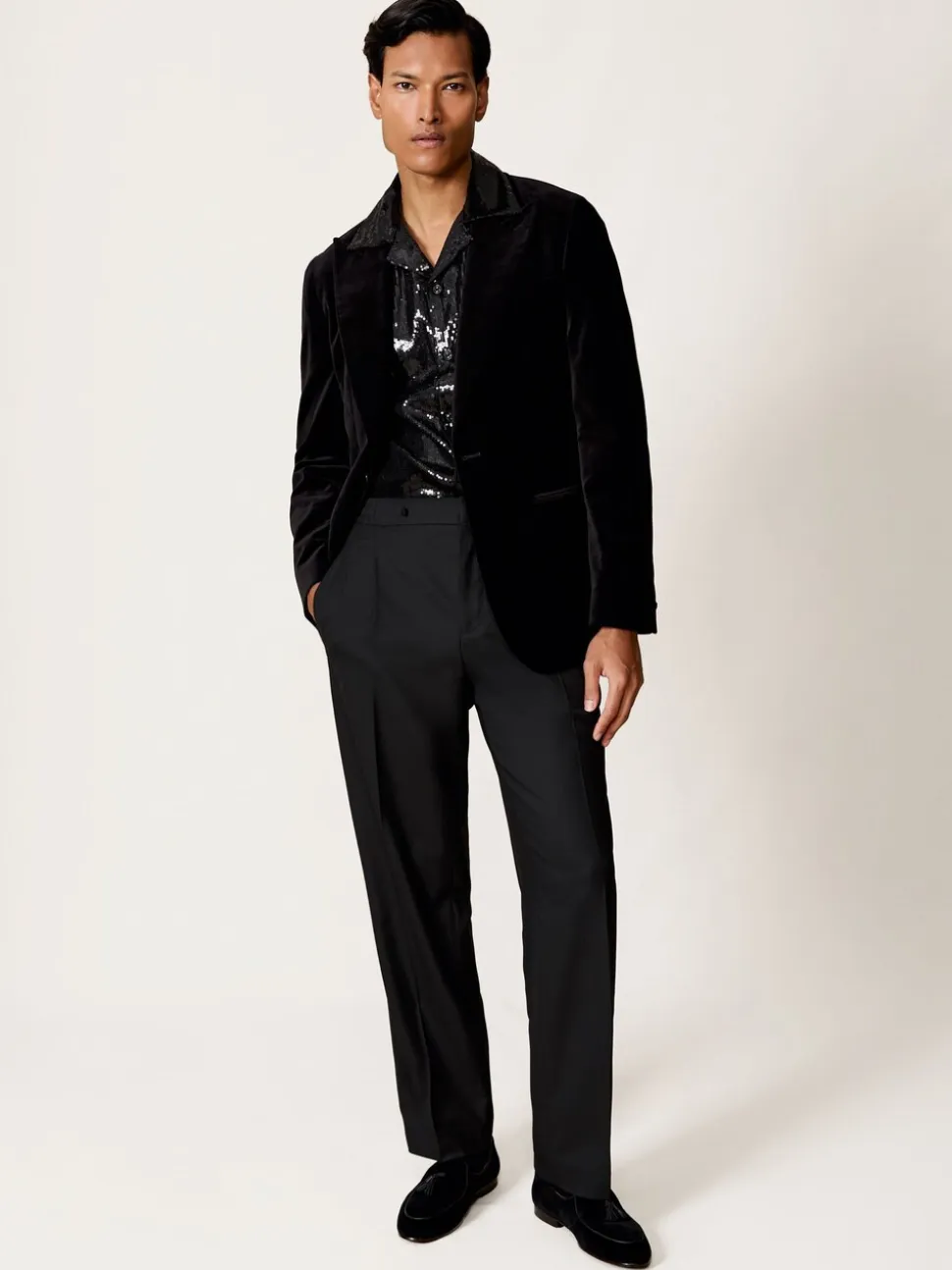 Reiss Black King Sequin Cuban-Collar Shirt