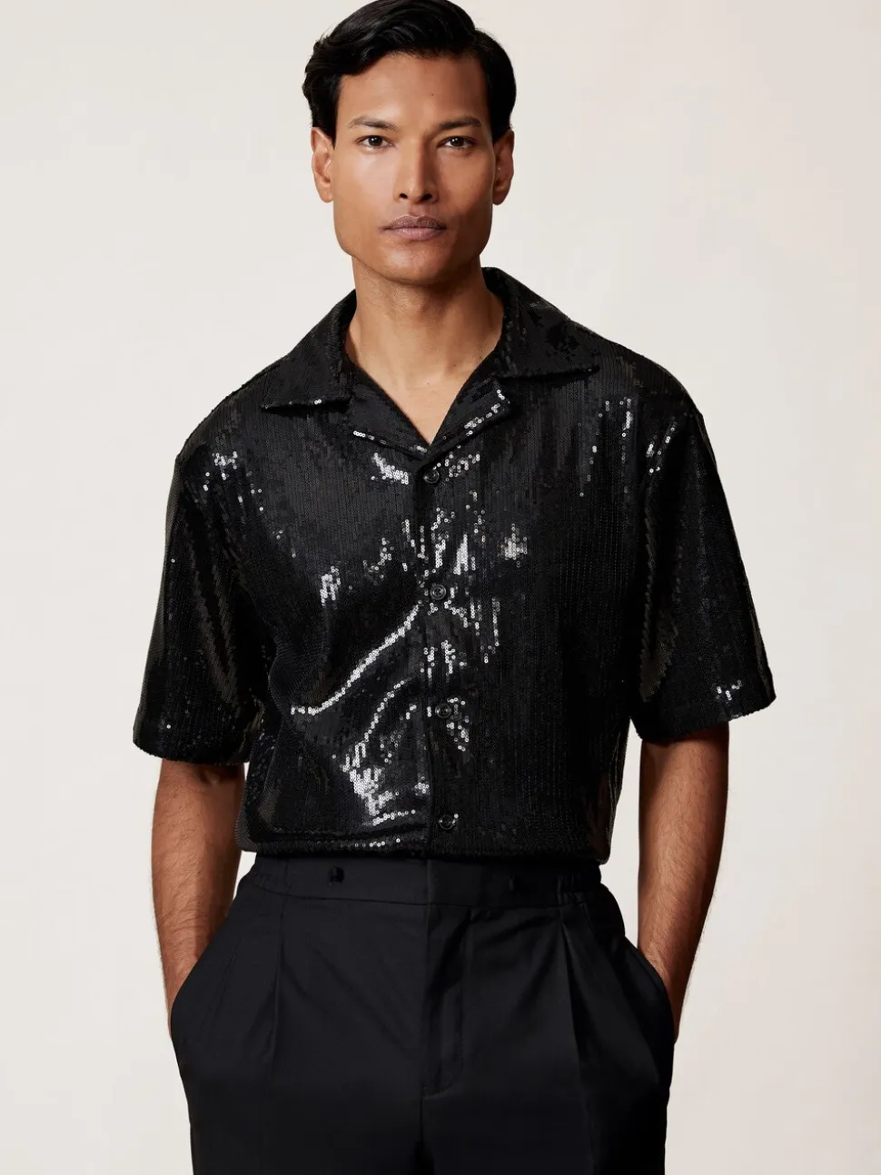 Reiss Black King Sequin Cuban-Collar Shirt