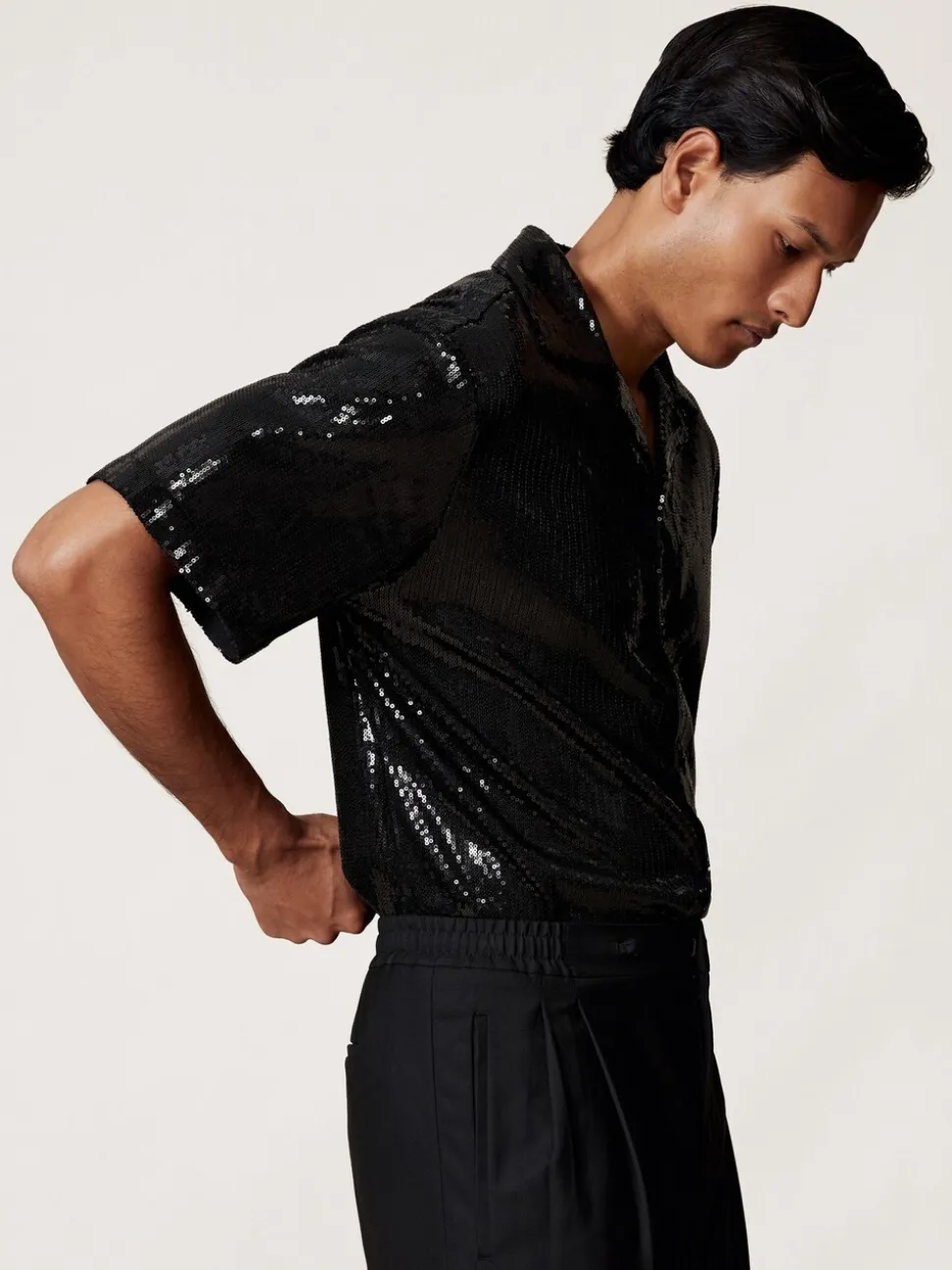 Reiss Black King Sequin Cuban-Collar Shirt