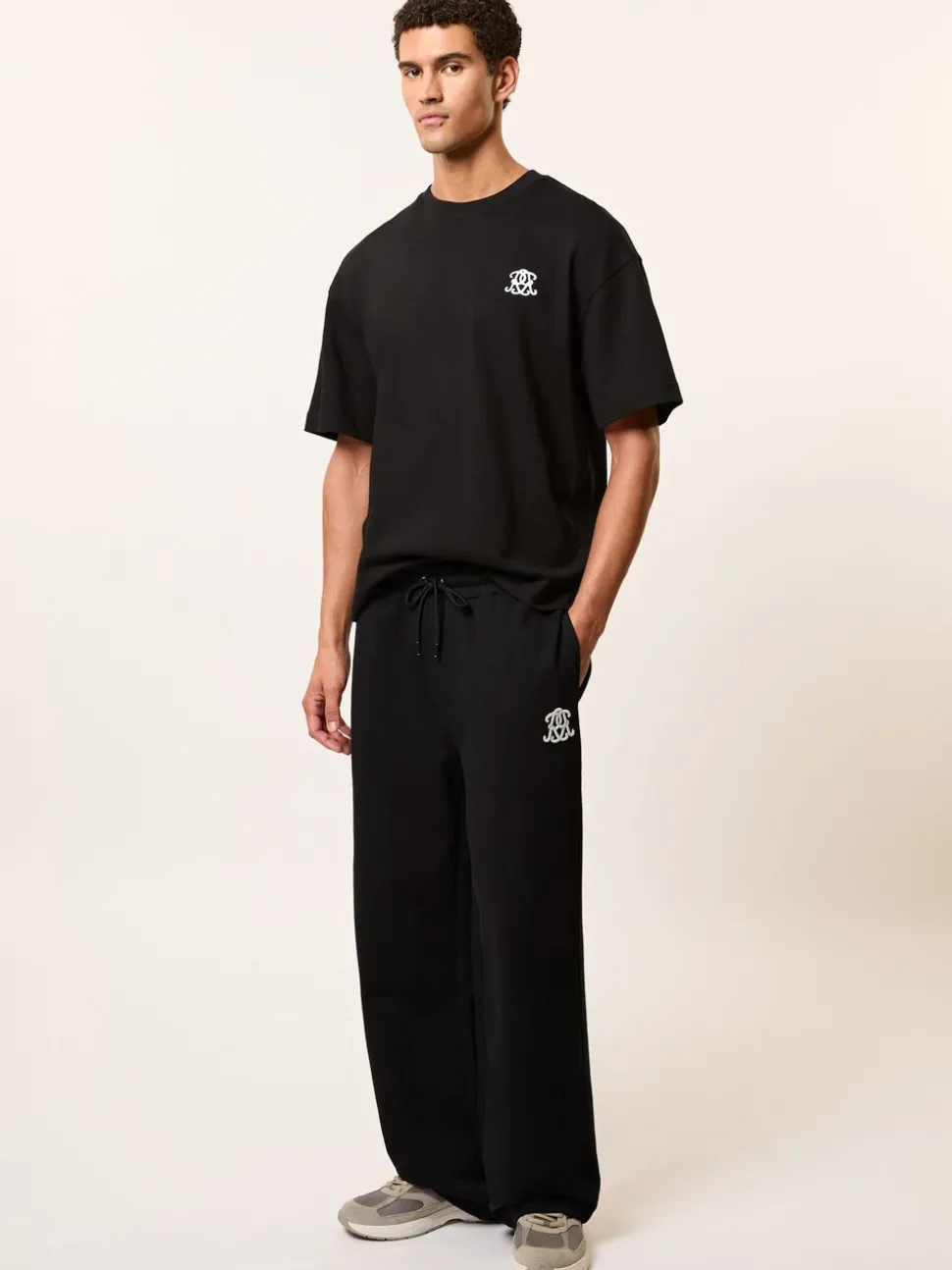 Reiss Black Mellor Monogram Cotton Wide-Leg Joggers