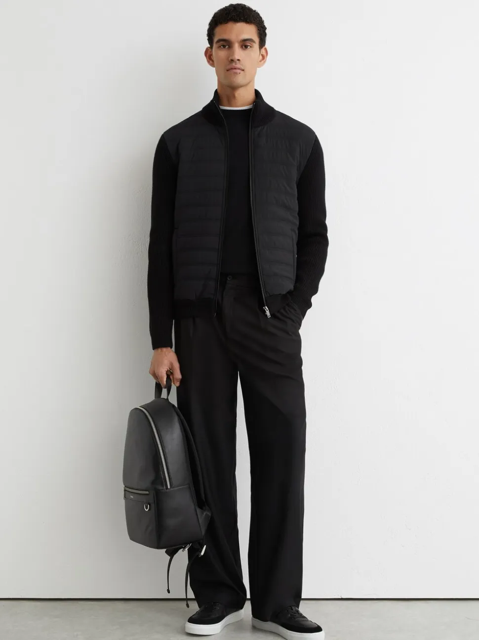 Reiss Black Townsend Quilted Rib-Knit Funnel-Neck Jacket