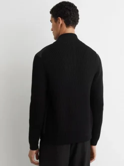 Reiss Black Townsend Quilted Rib-Knit Funnel-Neck Jacket