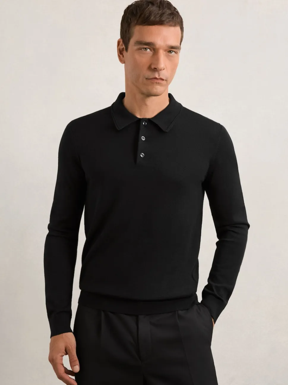 Reiss Black Trafford Merino Wool Long-Sleeve Polo Shirt