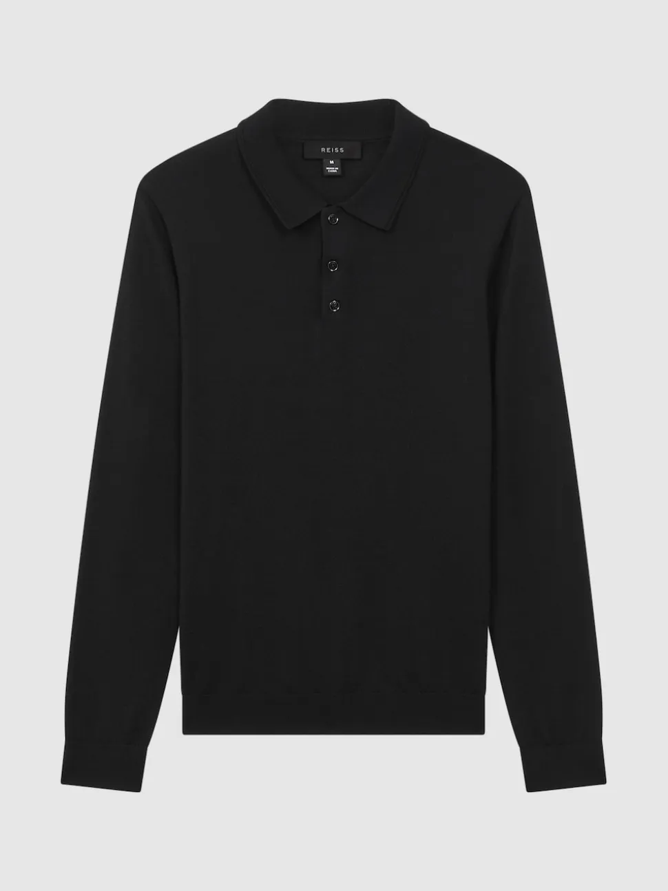 Reiss Black Trafford Merino Wool Long-Sleeve Polo Shirt