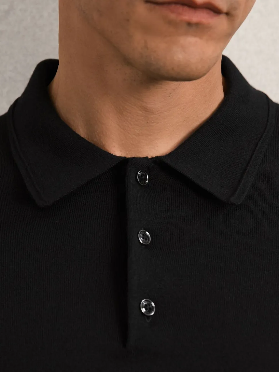 Reiss Black Trafford Merino Wool Long-Sleeve Polo Shirt