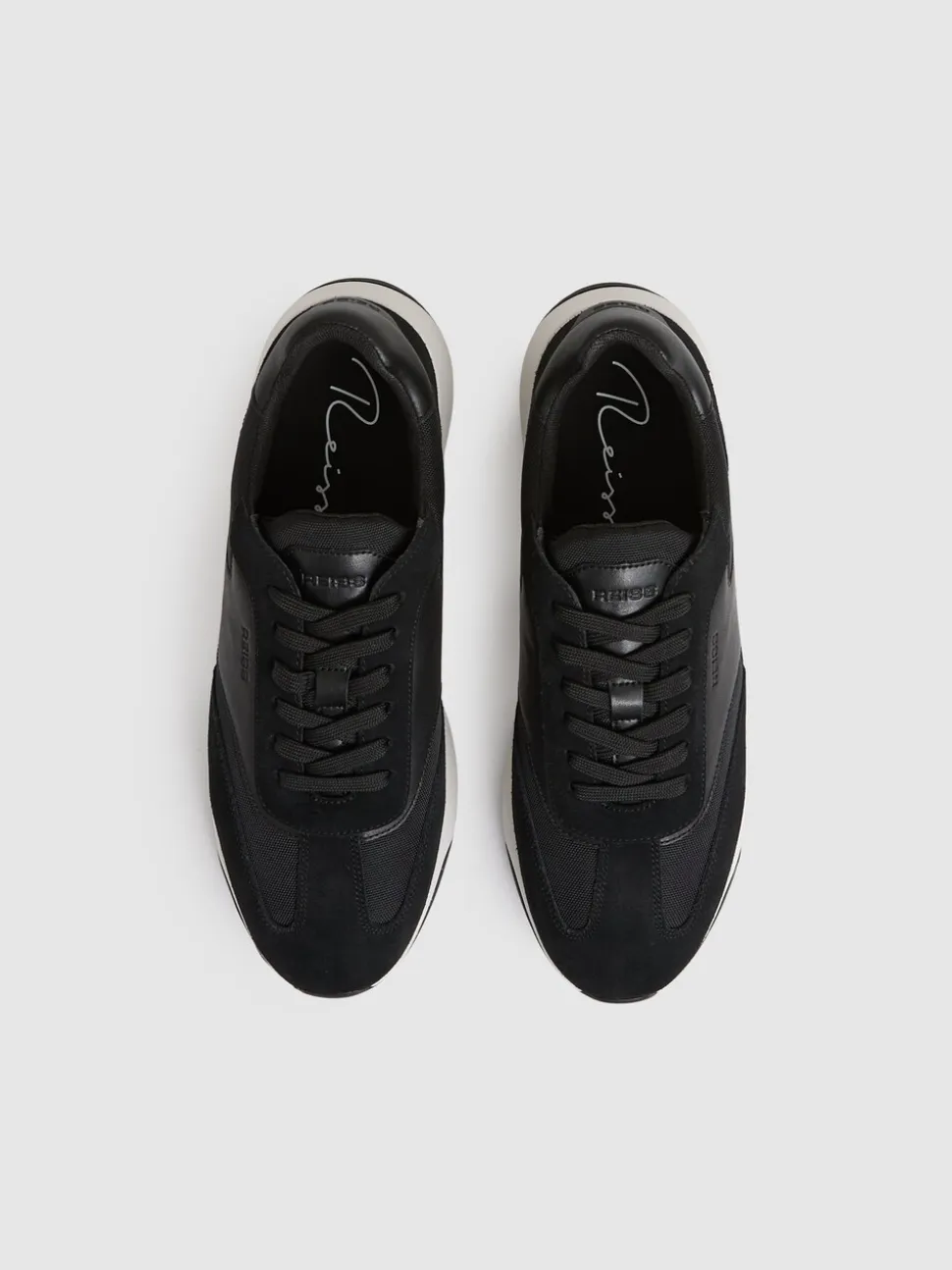 Reiss Black/White Emmett Bonded-Leather Suede Running Trainers