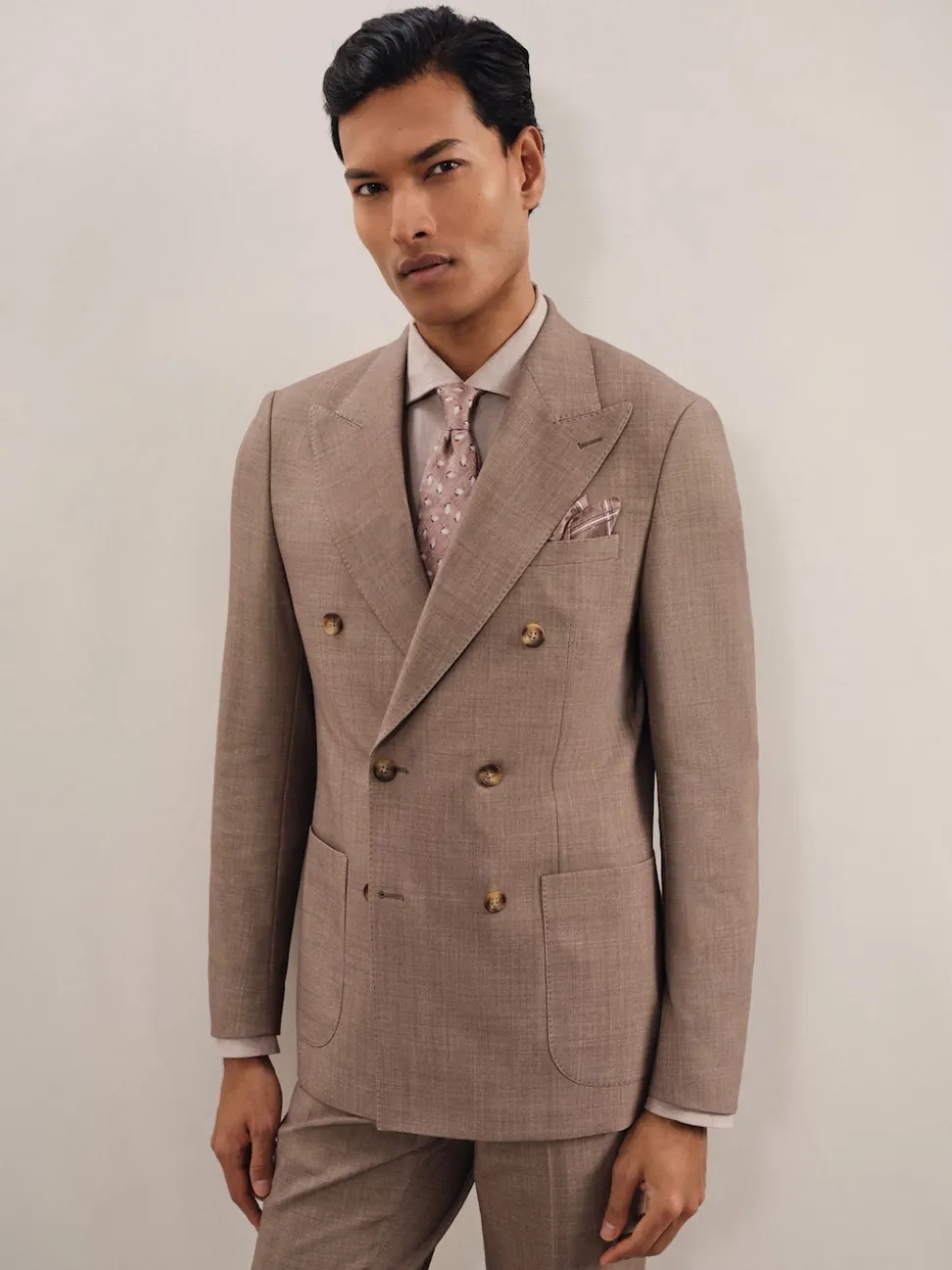 Reiss Brown Belmont Db Double-Breasted Textured Suit Blazer With Wool Slim-Fit