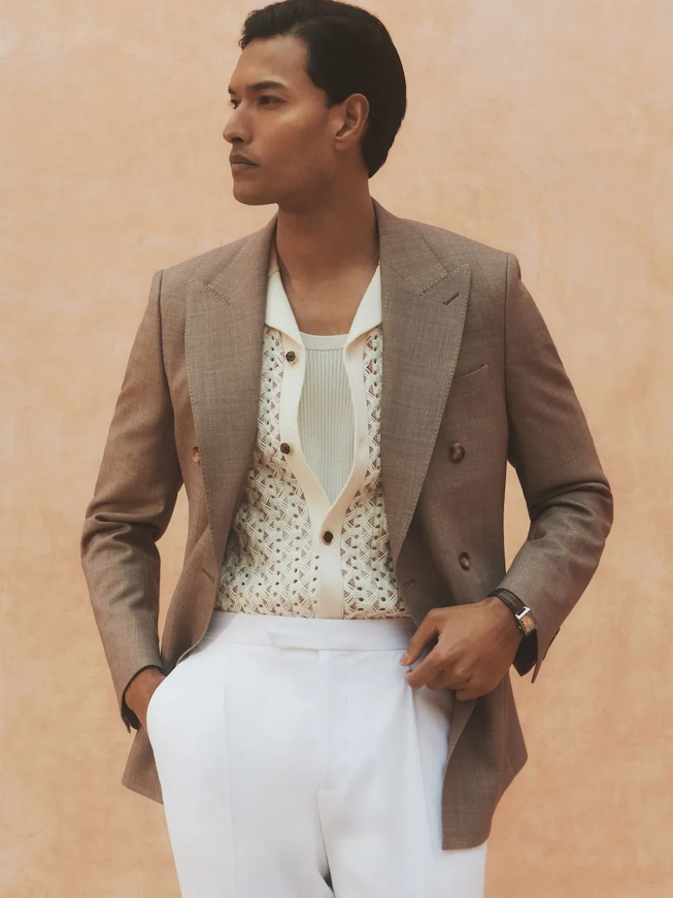 Reiss Brown Belmont Db Double-Breasted Textured Suit Blazer With Wool Slim-Fit