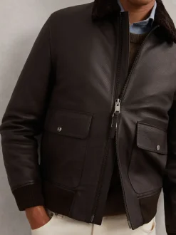 Reiss Brown Shaker Leather Shearling-Collar Bomber Jacket