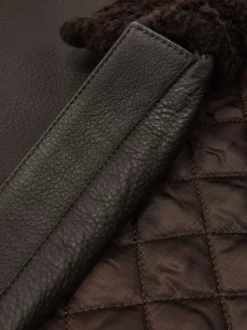 Reiss Brown Shaker Leather Shearling-Collar Bomber Jacket
