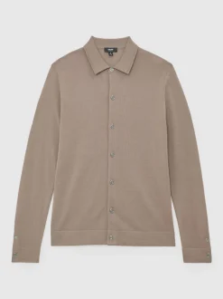 Reiss Camel Brown Forbes Merino Wool Button-Through Cardigan