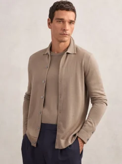 Reiss Camel Brown Forbes Merino Wool Button-Through Cardigan