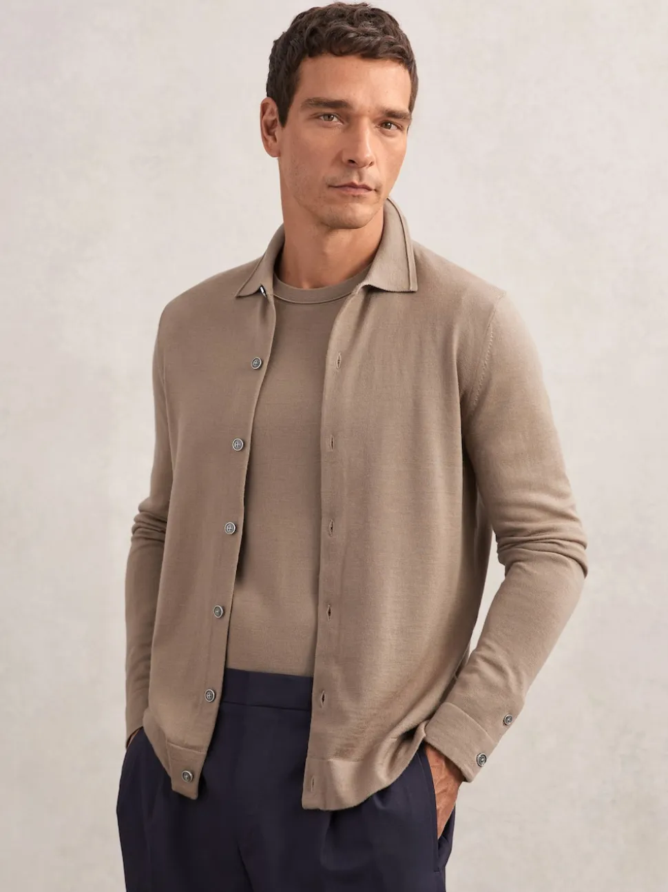Reiss Camel Brown Forbes Merino Wool Button-Through Cardigan