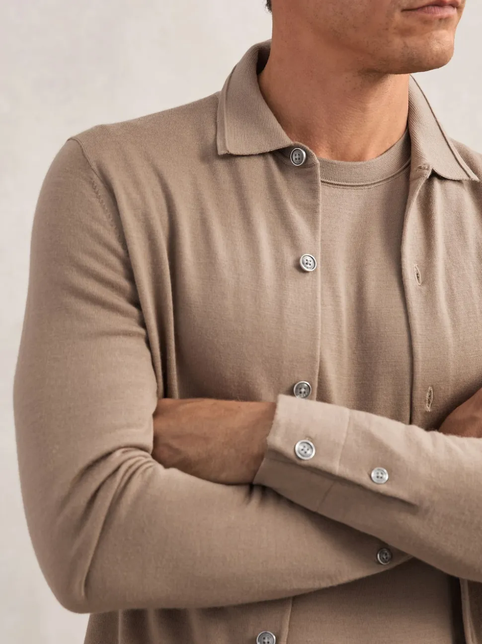 Reiss Camel Brown Forbes Merino Wool Button-Through Cardigan