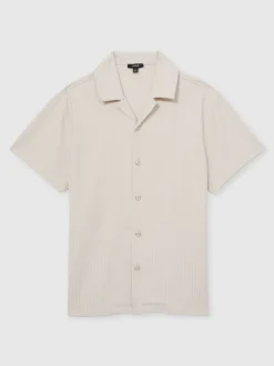 Reiss Champagne Warwick Textured-Knit Cuban-Collar Shirt