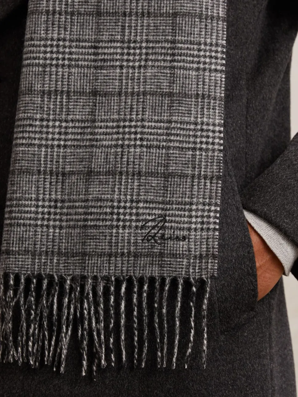 Reiss Charcoal Grey Thanos Wool-Cashmere Check Scarf