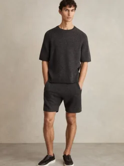 Reiss Charcoal Melange Fenworth Wool Blend Heavy Knit Shorts