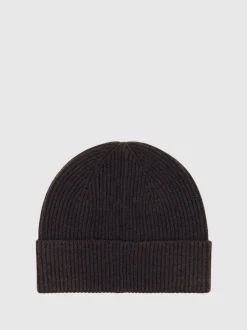 Reiss Chocolate Brown Chaise Merino Wool Rib-Knit Beanie