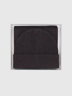 Reiss Chocolate Brown Chesterfield Gs Merino Wool Scarf and Beanie Gift Set