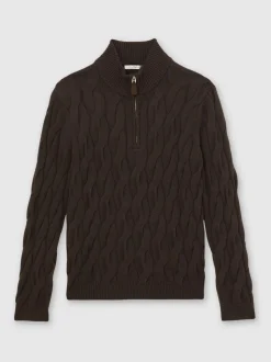 Reiss Chocolate Brown Greenford Half-Zip Cable-Knit Jumper with Wool