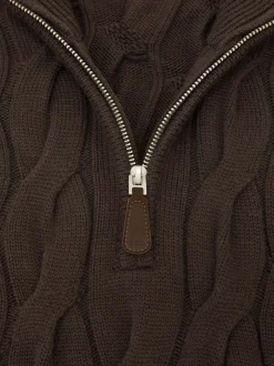 Reiss Chocolate Brown Greenford Half-Zip Cable-Knit Jumper with Wool