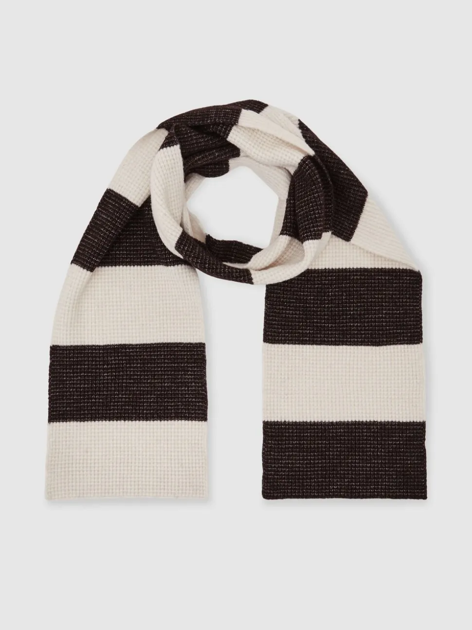 Reiss Chocolate Brown/Off White Wesley Waffle-Knit Block-Stripe Scarf with Wool