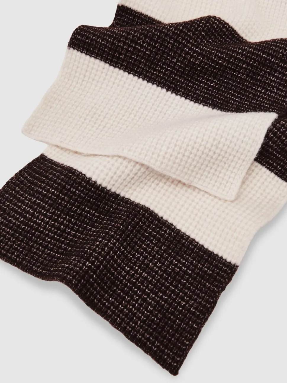 Reiss Chocolate Brown/Off White Wesley Waffle-Knit Block-Stripe Scarf with Wool